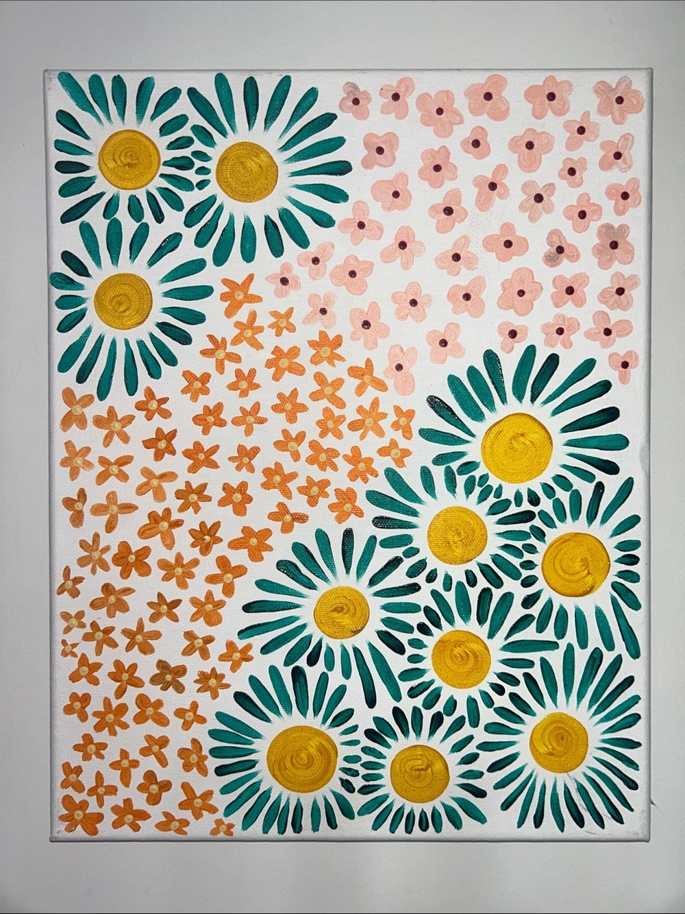Hand-Painted Floral Canvas — Yellow, Teal & Peach Flowers